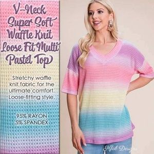 V-Neck Super Soft Waffle Knit Loose Fit Multi Pastel Top